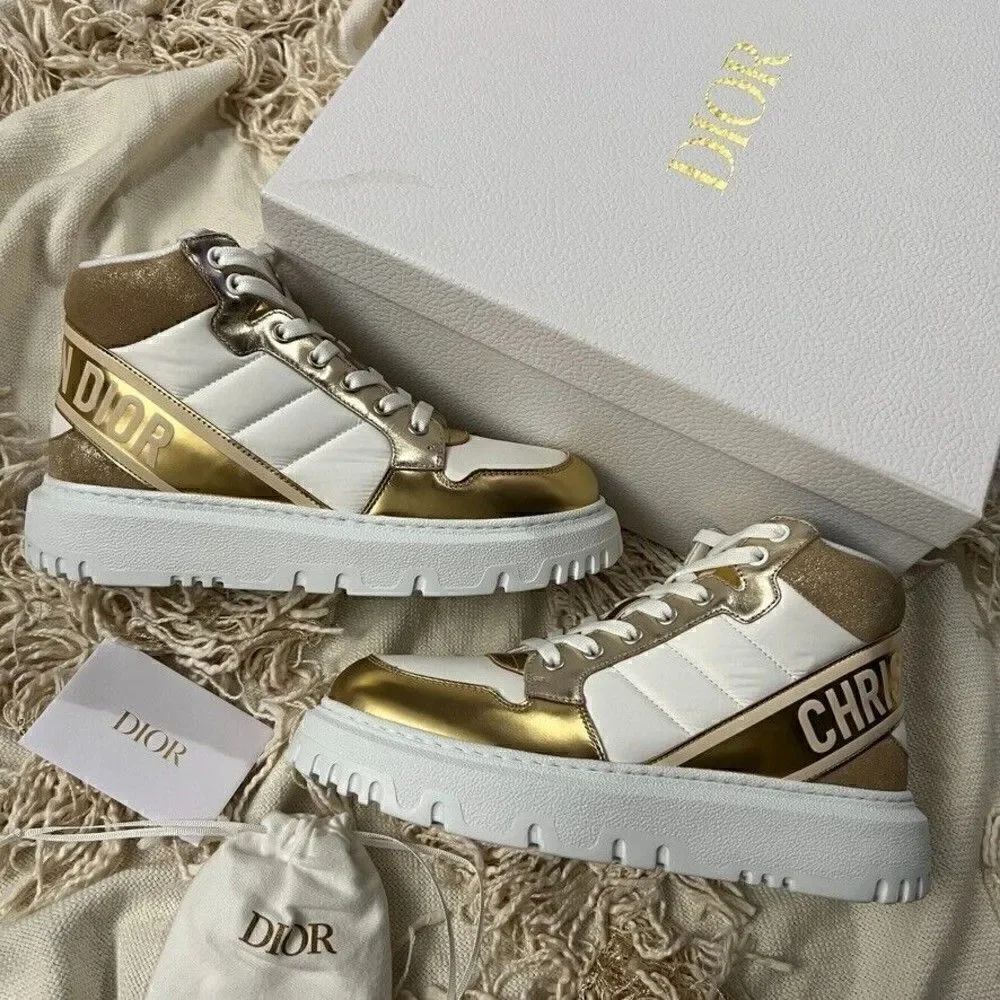 CHRISTIAN DIOR D-Player High Top Sneakers White & Gold